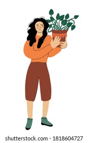 Happy beautiful long hair girl with climbing house plant with heart shaped leaves. Hobby concept. Vector illustration isolated on white background. Flat hand drawn style with lines.