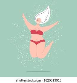 A happy beautiful plump woman in a swimsuit jumps. Concept of body positivity, self-love, overweight. Flat vector female character