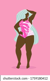 Feliz hermosa chica negra más grande. Concepto positivo corporal. Diferente es hermoso. Una mujer atractiva con sobrepeso. No hay fobia por engordar.Ilustración vectorial aislada en rosa.retro