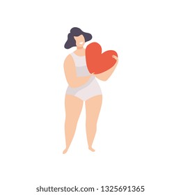 Happy Beautiful Plus Size Woman in Underwear Holding Red Heart, Body Positive, Self Acceptance and Beauty Diversity Concept Vector Illustration