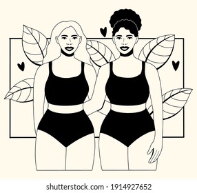 Happy beautiful plus size women. Love your body or body positive concept. Flat vector illustration.