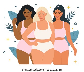 Happy Beautiful Plus Size Women. Love Your Body Or Body Positive Concept. Flat Vector Illustration.