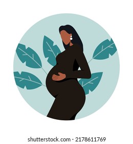 Happy beautiful pregnant woman in black dress holds her belly on blue background with leaves. Motherhood concept. Vector flat illustration isolated on background.