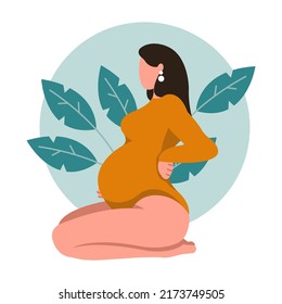 Happy beautiful pregnant woman in yellow body holds her belly on blue background with leaves. Motherhood concept. Vector flat illustration isolated on background.