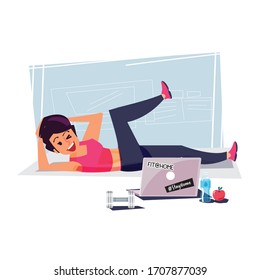 Happy beautiful sporty woman in tight sportswear doing workout  while watching training video on notebook or laptop. fit from home concept - vector illustration