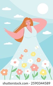 Happy beautiful woman in a dress with long hair against the background of the sky, flowers, summer mood. Vector flat graphics.