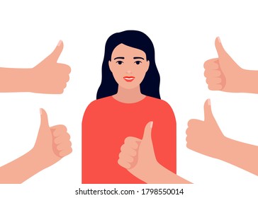 Feliz mujer hermosa se pone como. Chica sonriente rodea las manos mostrando los pulgares hacia arriba. Aprobación social, retroalimentación positiva, concepto de éxito de aceptación. Ilustración plana del vector