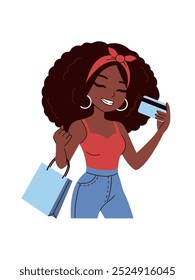 Happy, beautiful woman holding credit card and shopping bag. Smiling girl happy with shopping isolated on white background. Shopping, promotion, discounts, sale concept