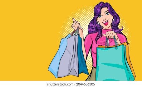 Happy Beautiful woman holding shopping bags  Pop Art Comic Style