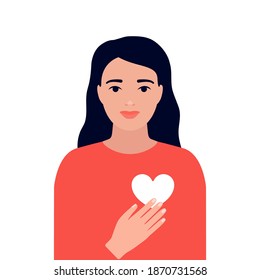 Happy beautiful woman holds heart. Smiling girl in love, love myself. Positive feedback, help, thanks. Vector flat illustration