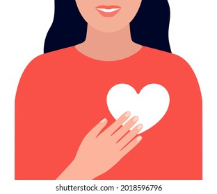 Happy beautiful woman holds heart. Check health and prevention internal organ. Smiling girl in love. Positive feedback, help, thanks. Vector flat illustration