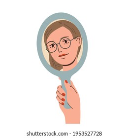 Happy beautiful woman looking in the mirror   smiling  Love yourself  self acceptance concept   Hand drawn vector colorful funny cartoon style illustration