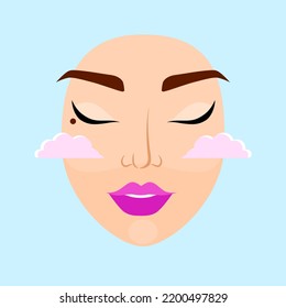 Happy beautiful woman with pink lipstick with cloud on her cheeks on sky blue background