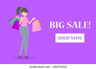 Happy beautiful woman in red dress with shopping bags. Web banner for online store. Big sale poster. Black friday. E-commerce and big discount.