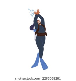 Happy beautiful woman scuba diver character wearing wetsuit, mask and flippers swimming underwater