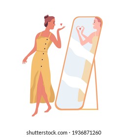 Happy beautiful woman sending air kiss to her mirror reflection. Self-love and acceptance concept. Person with healthy self-perception. Colored flat vector illustration isolated on white background