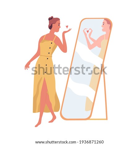 Happy beautiful woman sending air kiss to her mirror reflection. Self-love and acceptance concept. Person with healthy self-perception. Colored flat vector illustration isolated on white background
