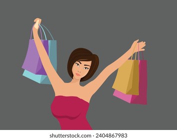 Happy beautiful woman with shopping bags. Web banner for online store. Big sale poster. E-commerce and big discount.