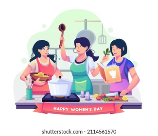 Happy beautiful women are cooking together in the kitchen to celebrate women's day. women making soup with recipes, ingredients, and kitchen utensils. Flat style vector illustration