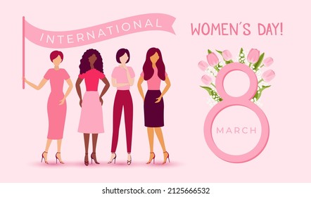 Happy beautiful women standing together near number eight with pink tulips on pink background. International Women's Day.