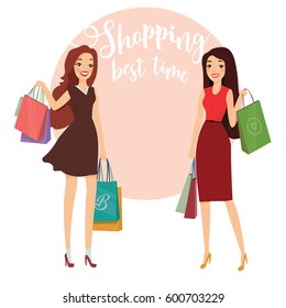 Happy beautiful women. Two ladies with bags. Vector illustration of a flat design