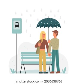 Happy beautiful young couple under umbrella. Girl and her beloved partner at bus station waiting flat vector illustration