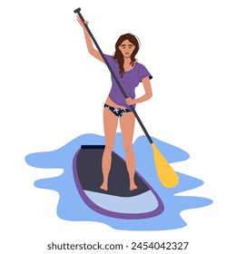 Chica joven hermosa feliz con el tablero del remo. Verano, vacaciones, sup-paddleboard o surf. Viajes. Ilustración gráfica de Vector en un estilo plano, aislado sobre un fondo blanco