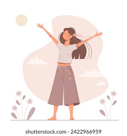 Happy beautiful young woman enjoys life. Vector summer illustration in a flat style. Cute barefoot girl with a long hair. Nice joyful lady.