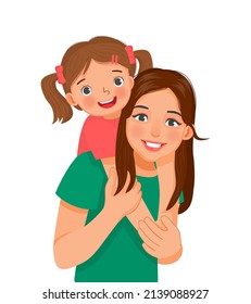 happy beautiful young woman giving a piggyback ride to cute little girl showing mother’s love to daughter holding her hands