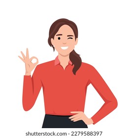 Happy beautiful young woman giving well done ok sign with winking eye and positive feedback approval standing with hand on the waist looking confident. Flat vector 