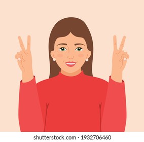 Happy beautiful young woman showing victory or V sign. Facial expression with gesture. Cartoon character smiling girl making peace or two gestures with hand fingers, isolated flat Vector illustration 