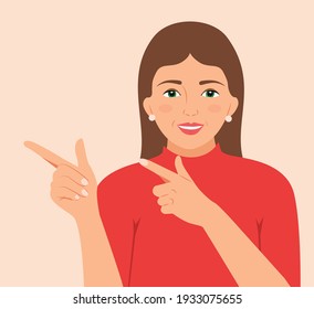 Happy beautiful young woman showing copy space or something, isolated over white background . Facial expression with gesture. Cartoon character smiling girl hand gestures, isolated Vector illustration
