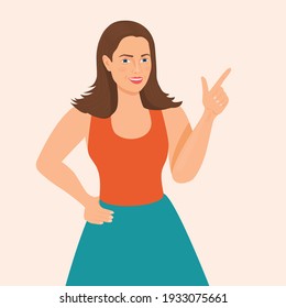 Happy beautiful young woman showing copy space or something, isolated over white background . Facial expression with gesture. Cartoon character smiling girl hand gestures, isolated Vector illustration