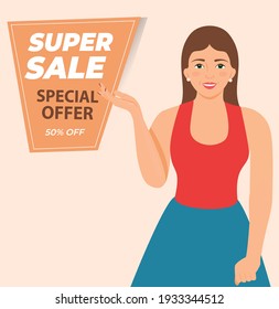 Happy beautiful young woman showing sale banner with hand gestures, isolated over white background. Cartoon character smiling girl with special offer sale banner design, Vector illustration