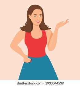 Happy beautiful young woman showing copy space or something, isolated over white background . Facial expression with gesture. Cartoon character smiling girl hand gestures, isolated Vector illustration