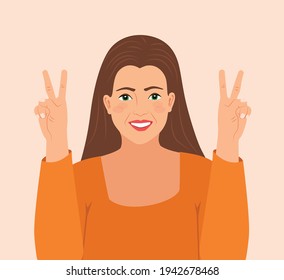 Happy beautiful young woman showing victory or V sign. Facial expression with gesture. Cartoon character smiling girl making peace or two gestures with hand fingers, isolated flat Vector illustration 