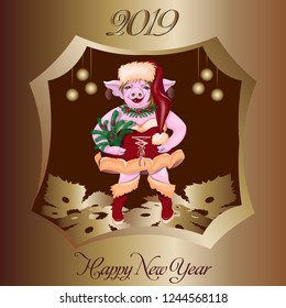 Happy beauty pig meets New Year. Vector illustration