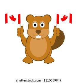 Happy beaver holding Canadian flags