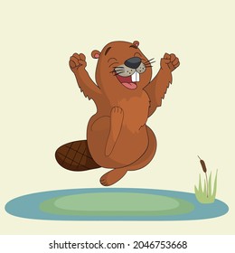 Happy beaver jumping on a puddle, vector illustration.