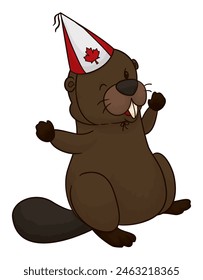 Happy beaver standing and celebrating with a tiny party hat decorated with Canada design in cartoon style.