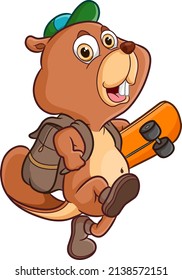 The happy beaver is walking and holding the skateboard of illustration