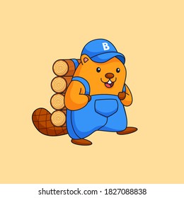 Happy beaver working hard carrying wood logs animal activity vector outline illustration mascot