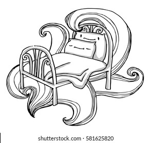 Happy bed with two smiling pillows. Grayscale version