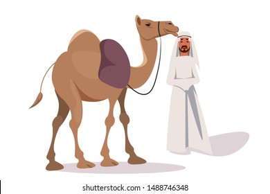 Happy bedouin with camel flat vector illustration. Cheerful nomad in traditional arab clothing cartoon character. Smiling man with humped animal. Egyptian traveler