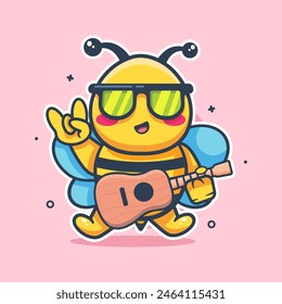 happy bee animal character mascot playing guitar isolated cartoon