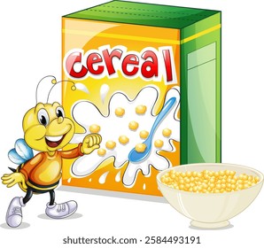 Happy bee beside a cereal box and bowl