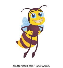 Happy bee. Bumblebee flying, carrying honey, waving hello at hive isolated on white. Vector illustrations for beekeeping, honey production, cartoon character concept