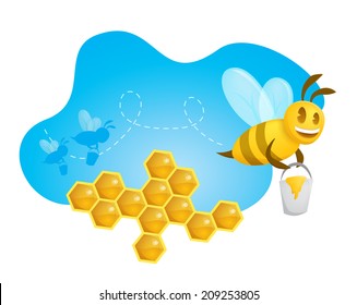 A happy bee carrying a bucket full of honey - EPS10 with transparencies and meshes. 