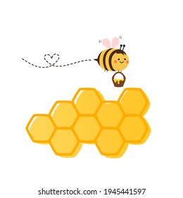 Happy bee cartoon with beehive honeycomb icon isolated on white background vector illustration.