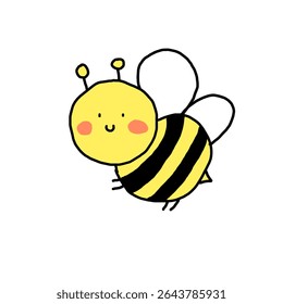 Happy bee cartoon in kawaii style with cute face and wings. Great for baby designs, children’s books, spring themes, and learning materials. Simple and fun character for any joyful project.